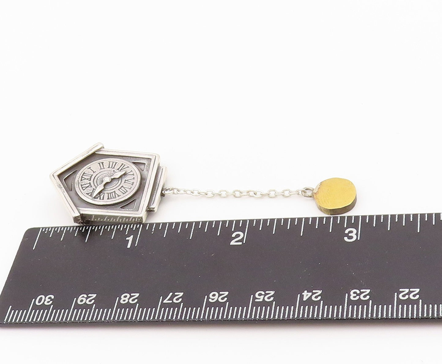 925 Sterling Silver Vintage Brooch Carved House Pendulum Wall Clock  BP11682