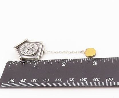 925 Sterling Silver Vintage Brooch Carved House Pendulum Wall Clock  BP11682
