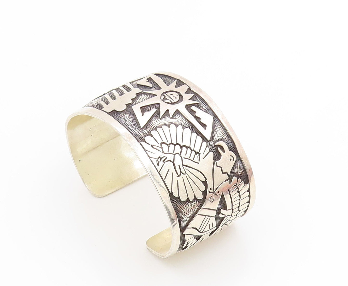 925 Sterling Silver Vintage Bracelet Carved Sun God & Eagle Wide Cuff  BT11809