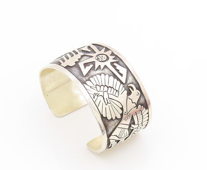 925 Sterling Silver Vintage Bracelet Carved Sun God & Eagle Wide Cuff  BT11809