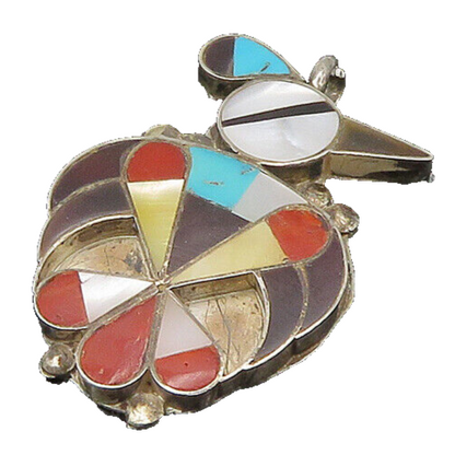 ZUNI NAVAJO 925 Silver Vintage Turquoise & Multi Stone Bird Pendant PT18218