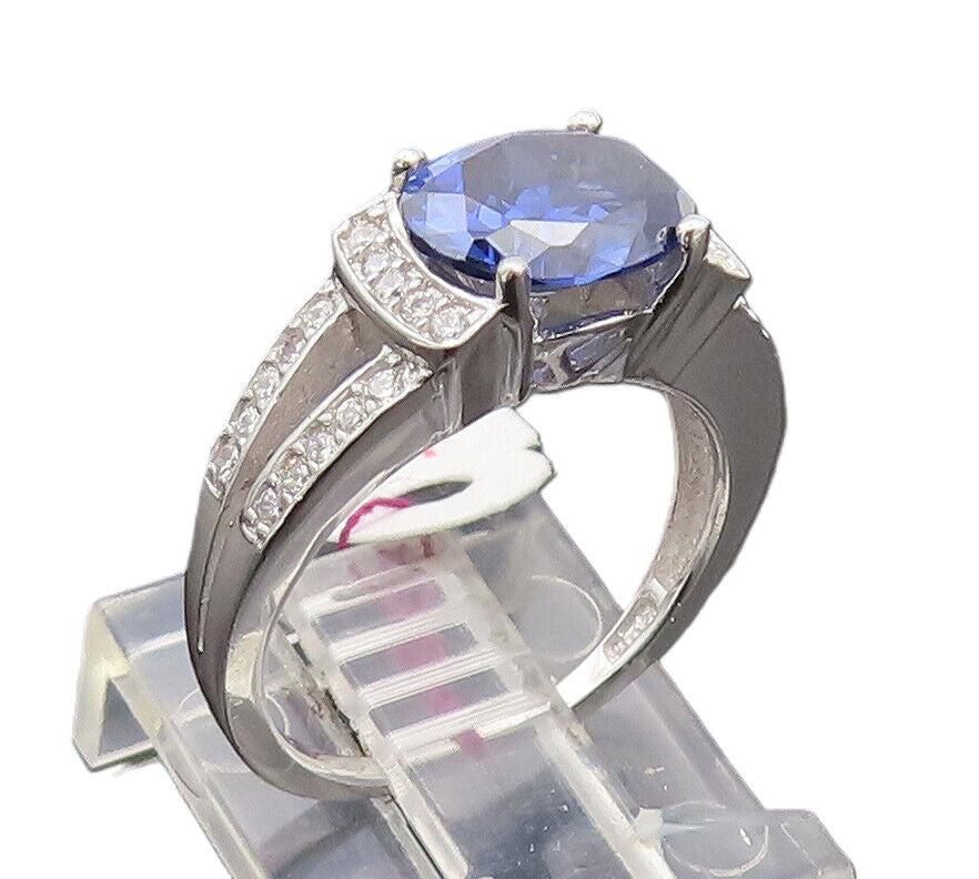 925 Silver  Vintage Minimalist Blue & White CZ Split Neck Ring Sz 5  RG27131