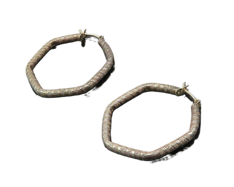 925 Sterling Silver  Vintage Dark Tone Etched Hexagon Hoop Earrings  EG8830