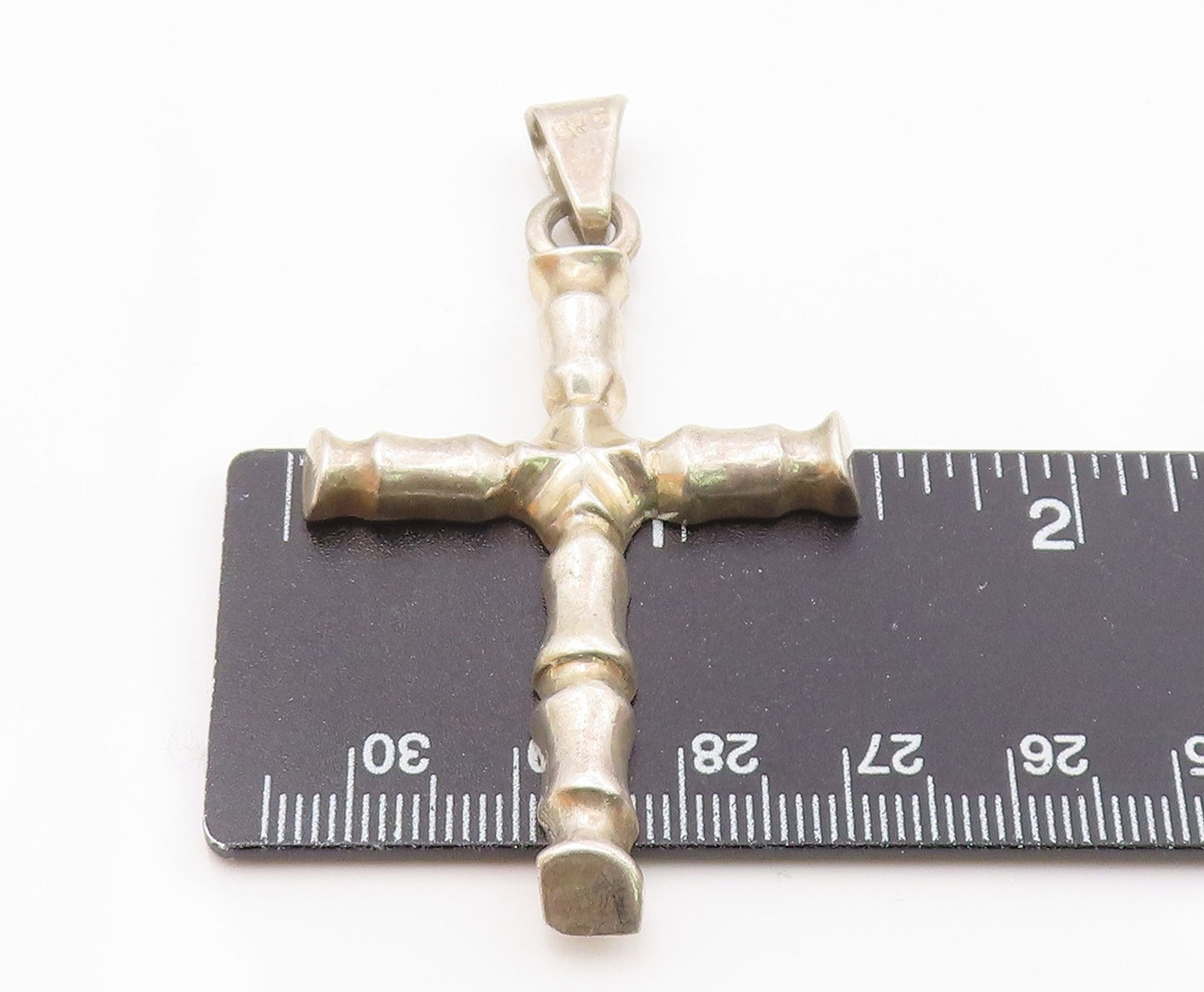 925 Sterling Silver  Vintage Shiny Bamboo Religious Cross Pendant  PT19291