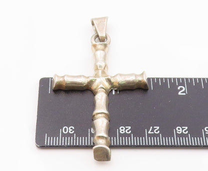 925 Sterling Silver  Vintage Shiny Bamboo Religious Cross Pendant  PT19291
