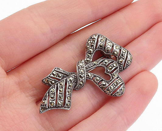 925 Sterling Silver  Vintage Marcasite Decorated Tied Ribbon Brooch Pin BP1755