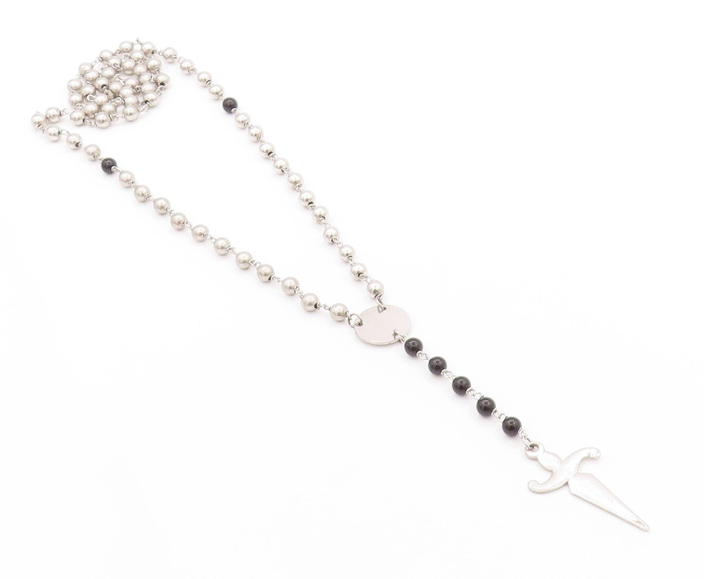 925 Sterling Silver Vintage Necklace Onyx & Linked Beads Dancing Figure  NE4565