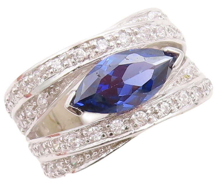925 Sterling Silver Vintage Ring Marquise Cutout Sapphire & CZ  Sz 7  RG30992