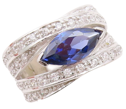 925 Sterling Silver Vintage Ring Marquise Cutout Sapphire & CZ  Sz 7  RG30992