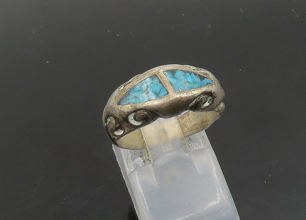 SOUTHWESTERN 925 Silver Vintage Turquoise Swirl Dome Band Ring Sz 6 RG23023