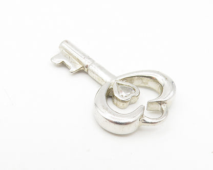 925 Sterling Silver  White Topaz Love Heart Key Motif Drop Pendant  PT9191