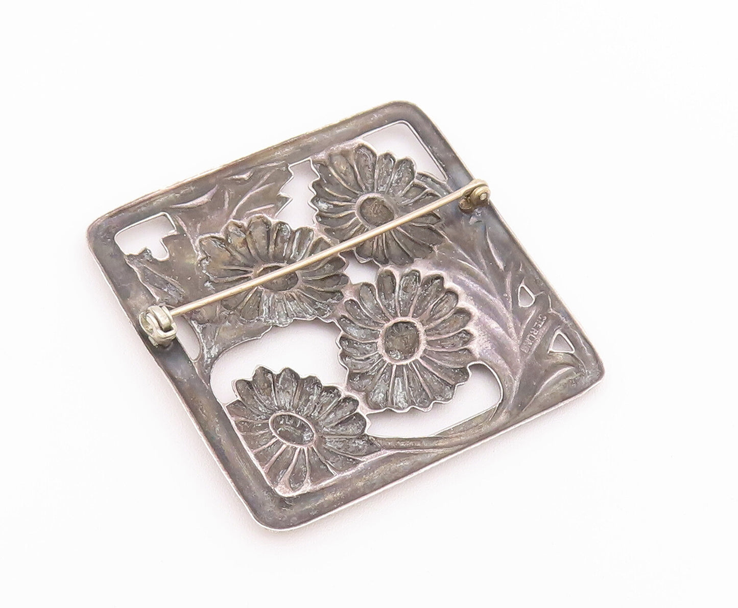 925 Sterling Silver Vintage Brooch Pin Solid Cutout Carved Flowers Frame BP10769