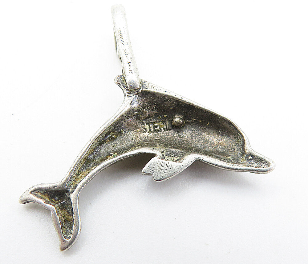 925 Sterling Silver  Vintage Petite Dark Tone Leaping Dolphin Pendant  PT4036
