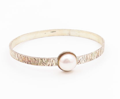 925 Sterling Silver & 14K GOLD  Vintage Pearl Dome Bangle Bracelet  BT8083