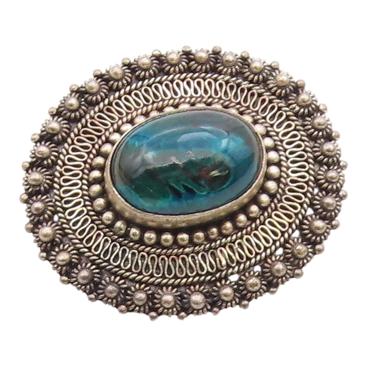 ISRAEL 925 Silver  Vintage Beaded & Wire Border Chrysocolla Brooch Pin  BP9604