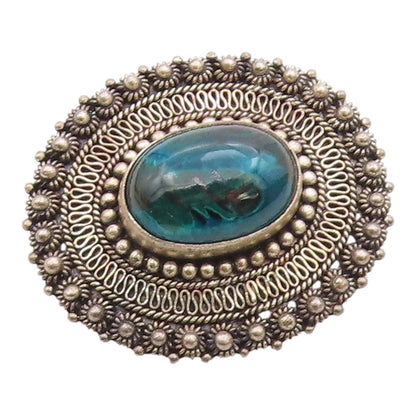 ISRAEL 925 Silver  Vintage Beaded & Wire Border Chrysocolla Brooch Pin  BP9604