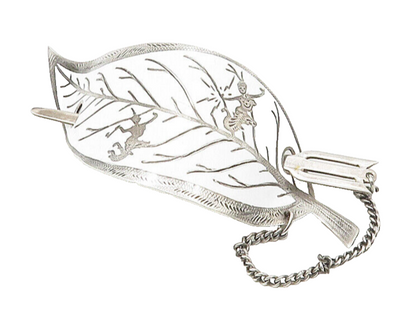 SIAM 925 Sterling Silver  Vintage White Enamel Floral Leaf Chained Pin  TR2305