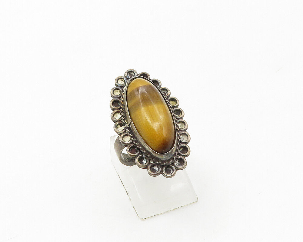 MEXICO 925 Silver  Vintage Tiger's Eye Floral Cocktail Ring Sz 7  RG17453