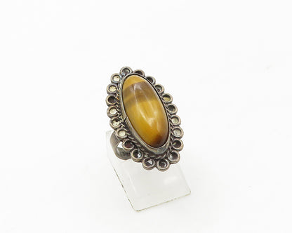 MEXICO 925 Silver  Vintage Tiger's Eye Floral Cocktail Ring Sz 7  RG17453