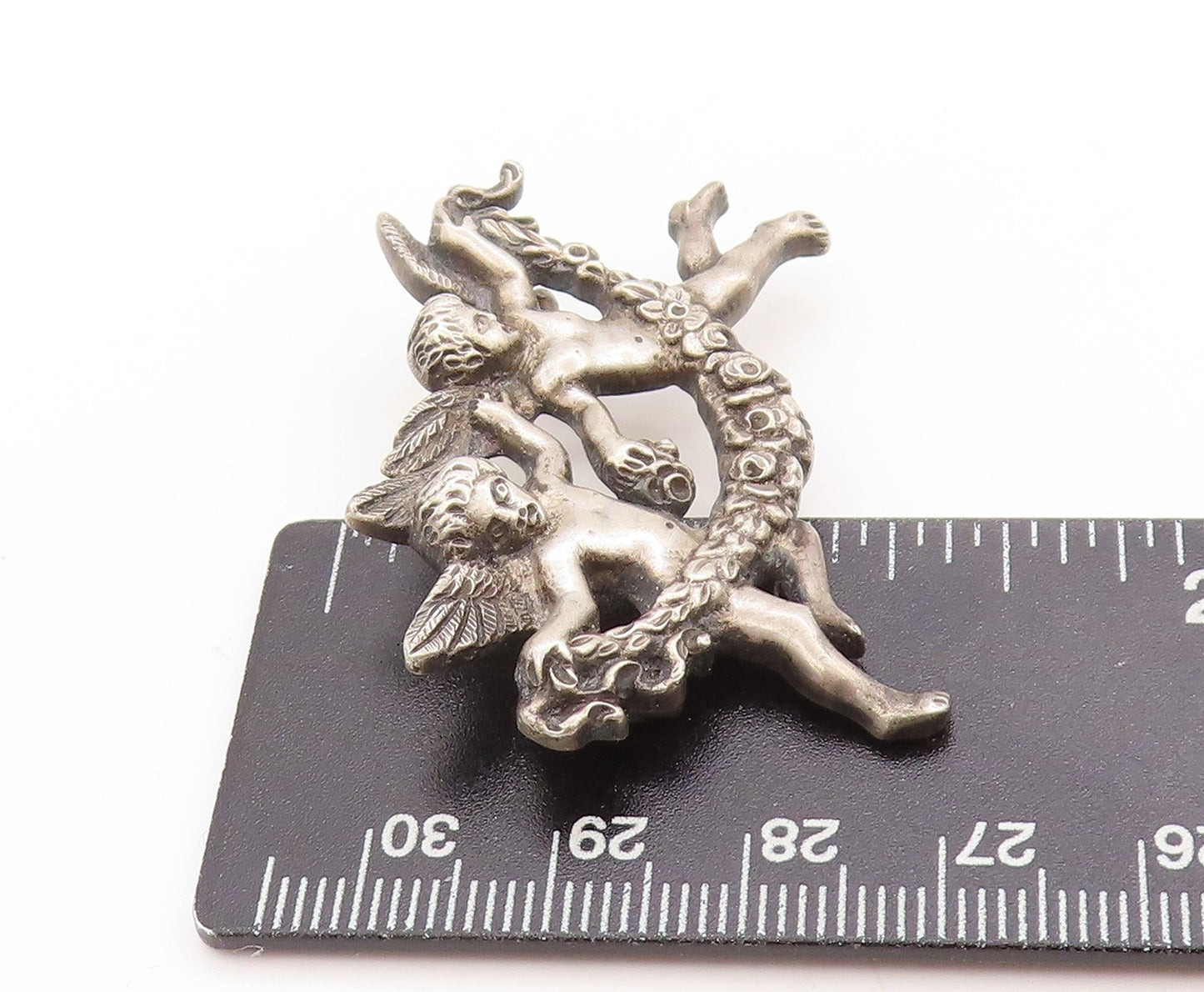 925 Sterling Silver Vintage Brooch Twin Cherub Angel Floral Wreath Pin  BP11887