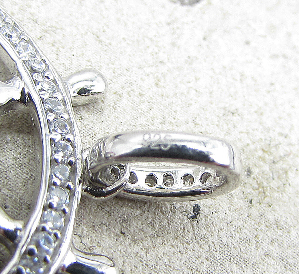 925 Sterling Silver  Cubic Zirconia Pirate Skull Wheel Drop Pendant  PT1411