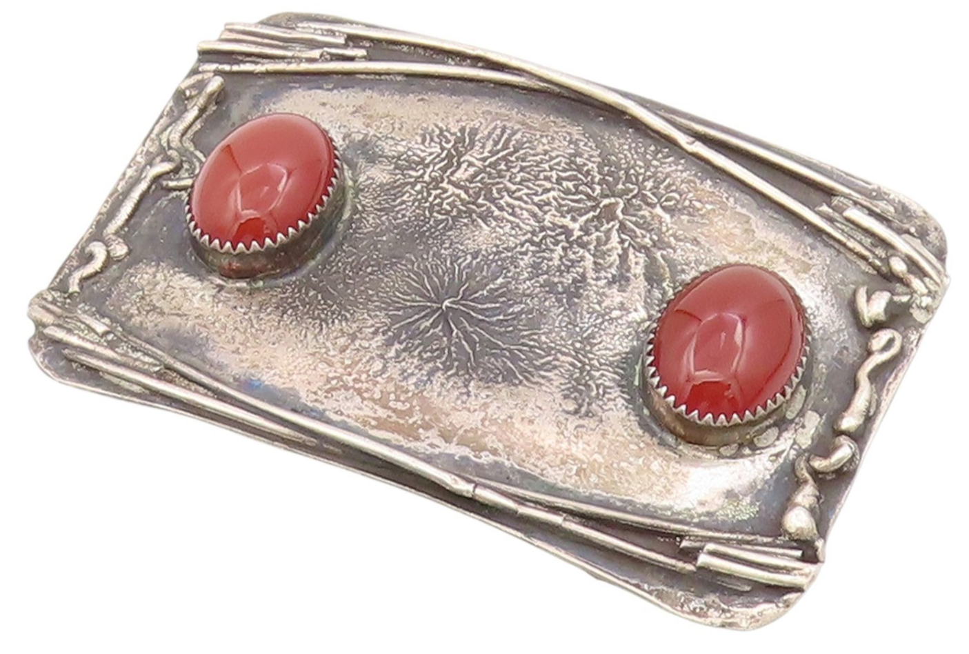 925 Sterling Silver Vintage Belt Buckle Solid Twin Cabochon Carnelian  TR4136