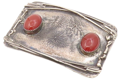 925 Sterling Silver Vintage Belt Buckle Solid Twin Cabochon Carnelian  TR4136