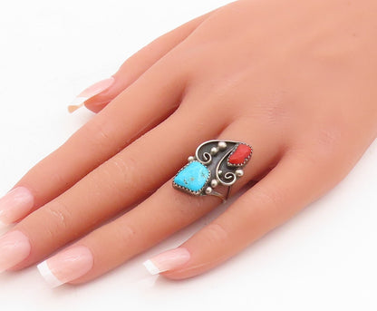 925 Sterling Silver Vintage Ring NAVAJO ZUNI Turquoise Swirl Carved Sz 6 RG31706