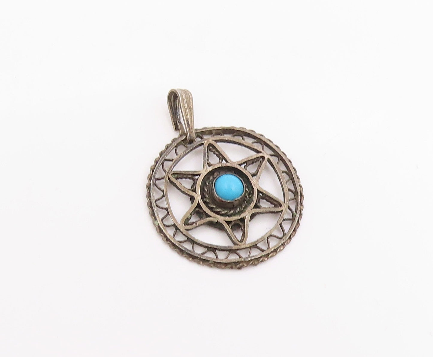 925 Sterling Silver Vintage Pendant Turquoise Openwork Pentagram Charm  PT26078