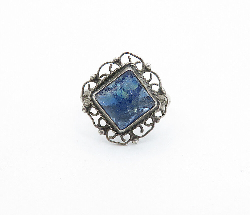 MEXICO 925 Silver  Vintage Blue Topaz Swirl Border Cocktail Ring Sz 5  RG4401