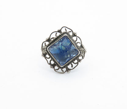 MEXICO 925 Silver  Vintage Blue Topaz Swirl Border Cocktail Ring Sz 5  RG4401