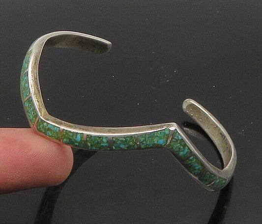 ZUNI NAVAJO 925 Silver  Vintage Inlaid Turquoise Pointed Cuff Bracelet  BT8941