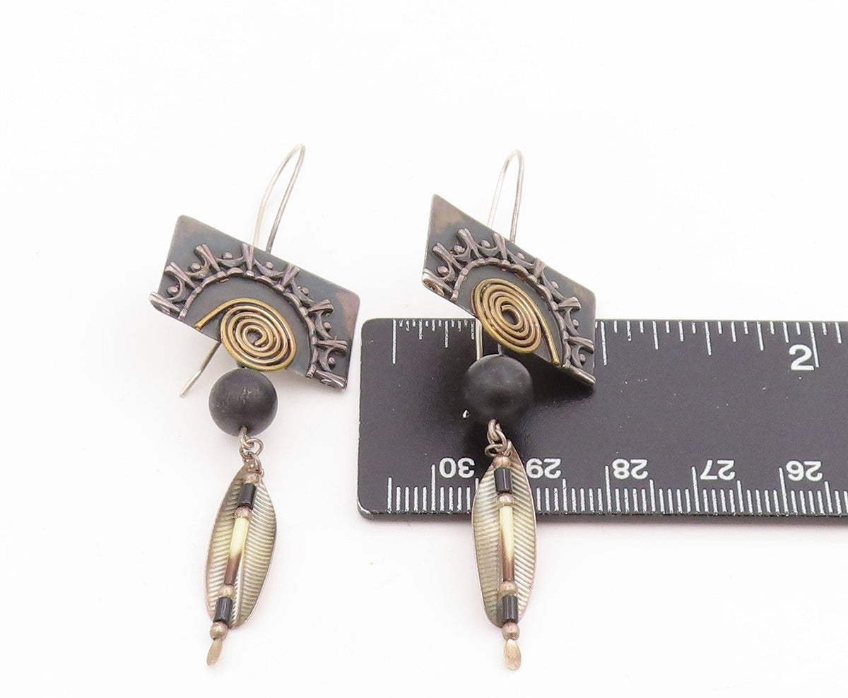 925 Sterling Silver Vintage Earrings Designer Spiral Feather Dangles  EG13785