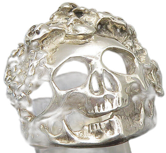 925 Sterling Silver  Vintage Sculpted Skeleton Head Biker Ring Sz 8.5  RG22492
