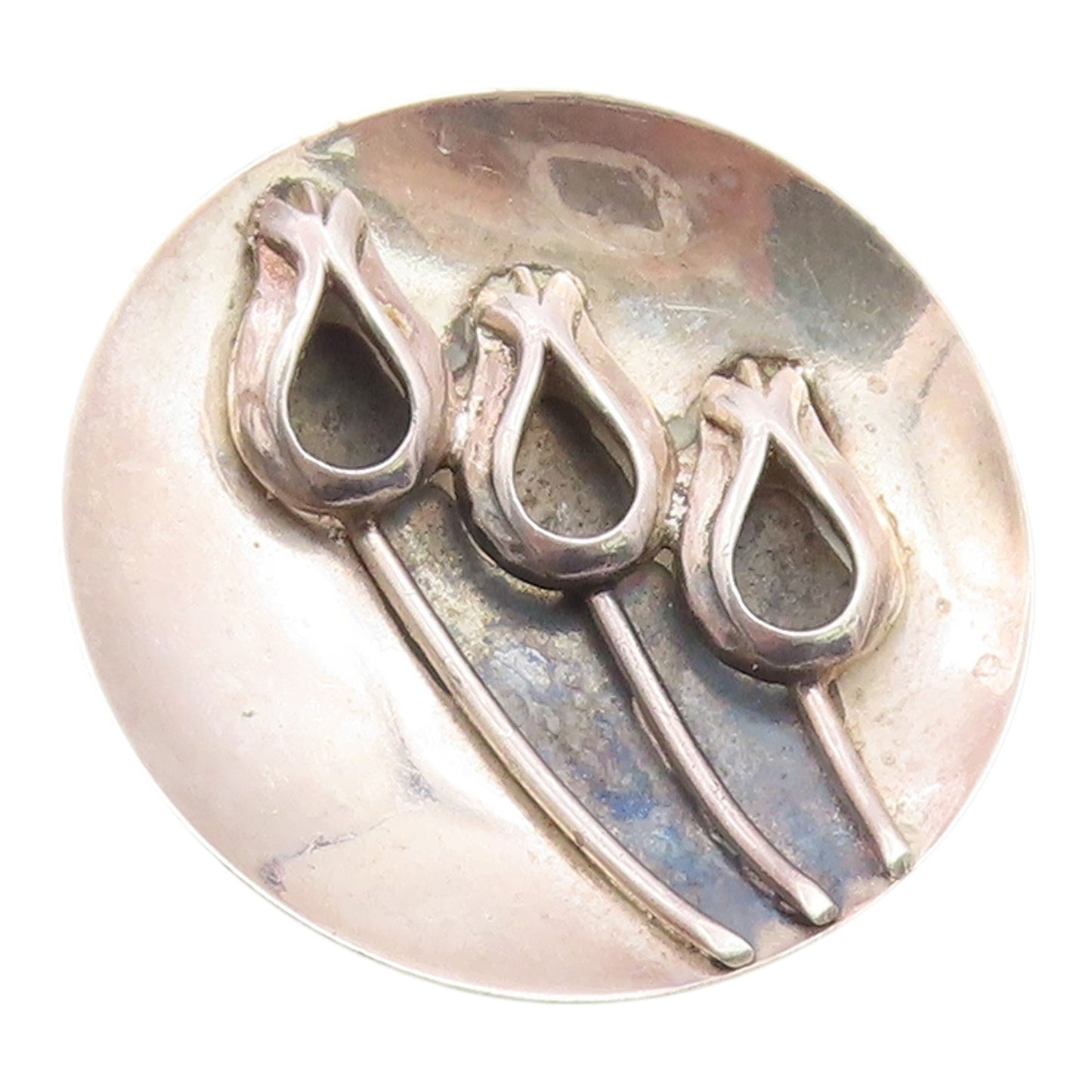 925 Sterling Silver Vintage Brooch Pin Classic Round Triple Tulip Motif  BP12452
