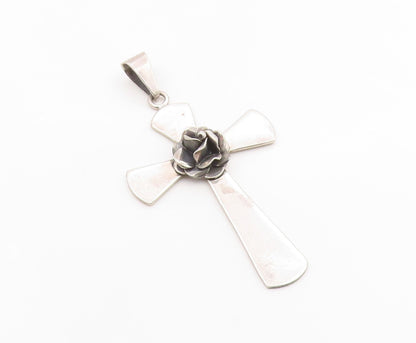 925 Sterling Silver Vintage Pendant MEXICO Carved Rose Religious Cross  PT26300
