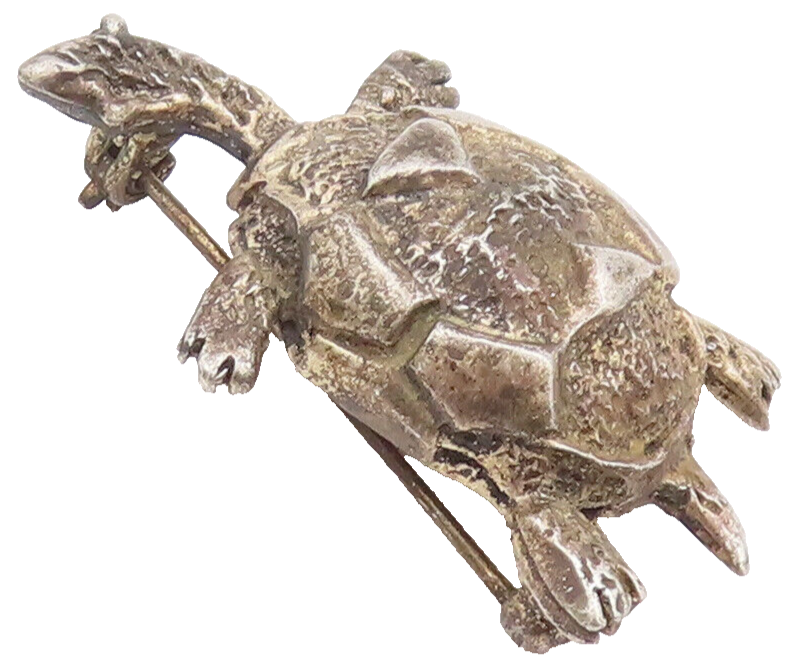925 Sterling Silver Vintage Brooch Pin Rough Carved Domed Happy Turtle  BP10654