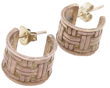925 Sterling Silver  Vintage Carved Woven broad Open Hoop Earrings  EG12736