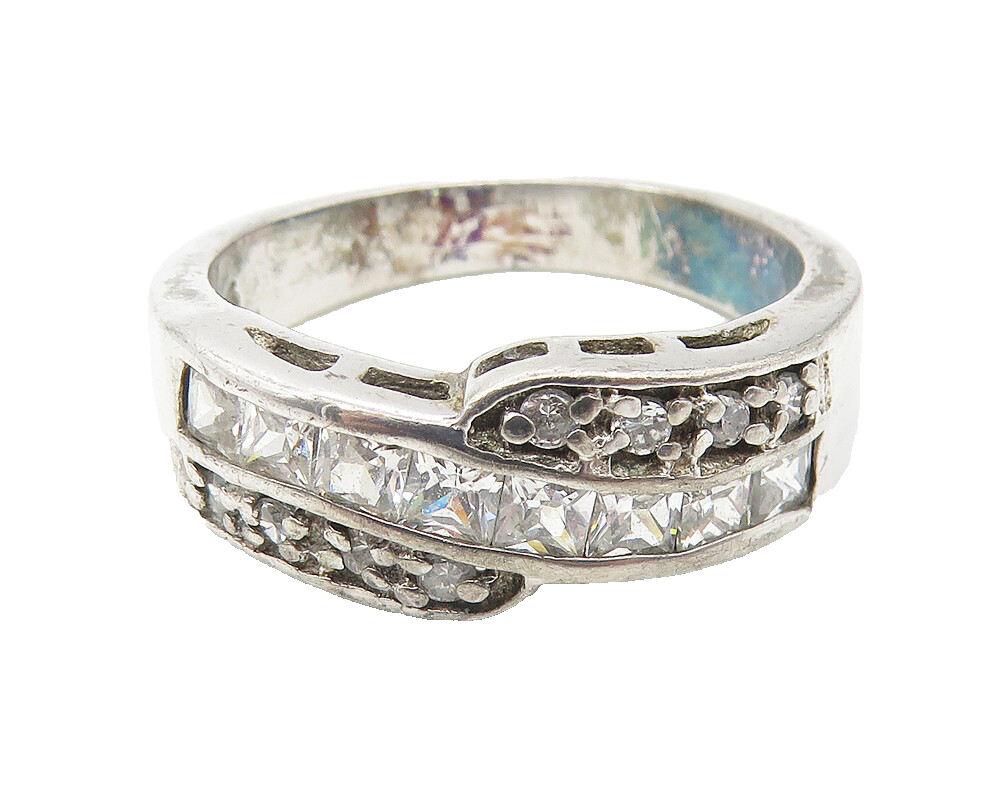 925 Sterling Silver  Cubic Zirconia Bypass Design Band Ring Sz 7  RG11163