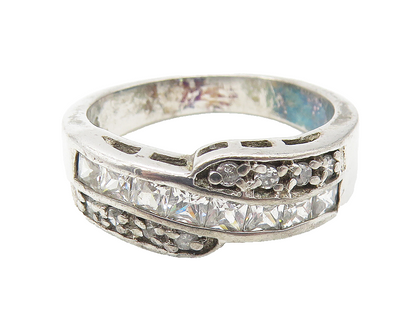 925 Sterling Silver  Cubic Zirconia Bypass Design Band Ring Sz 7  RG11163
