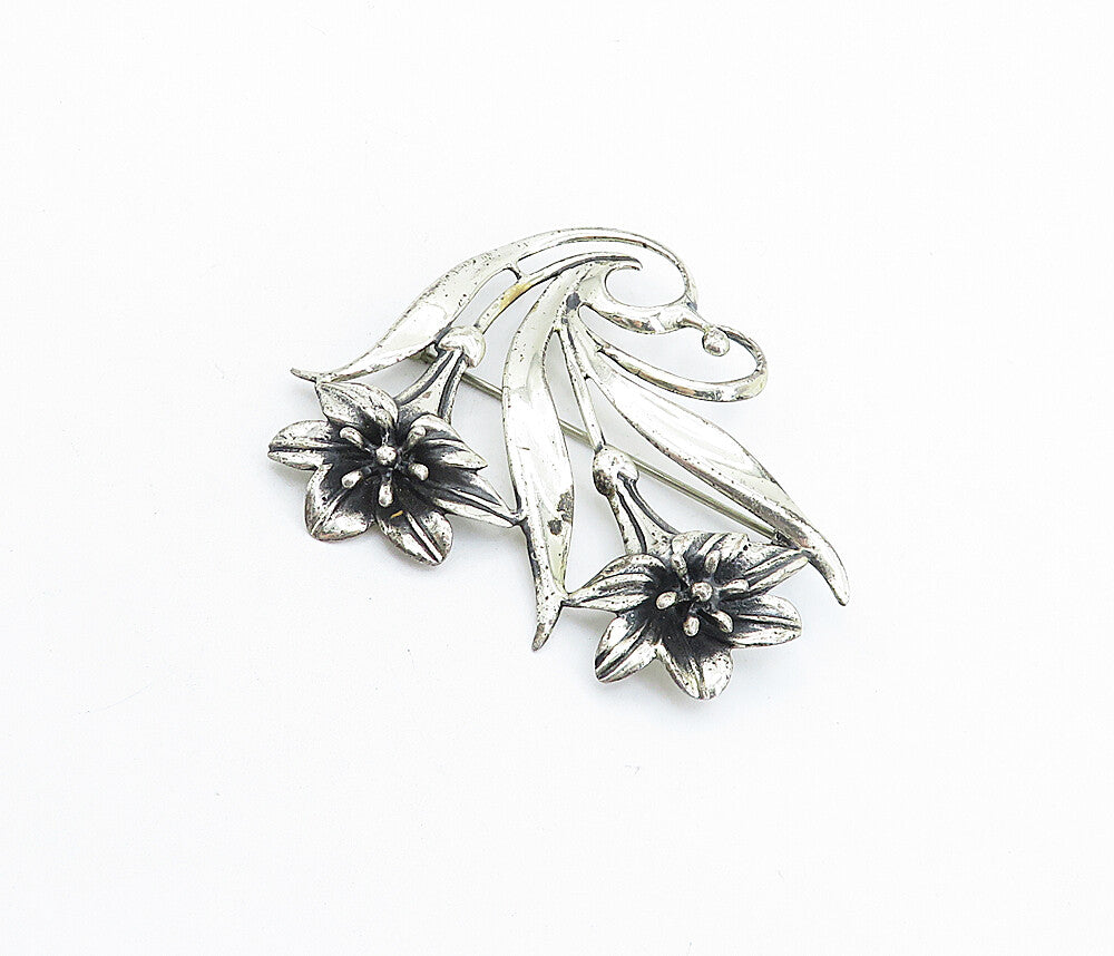 925 Sterling Silver  Vintage Shiny Oxidized Sculpted Flowers Brooch Pin BP2254