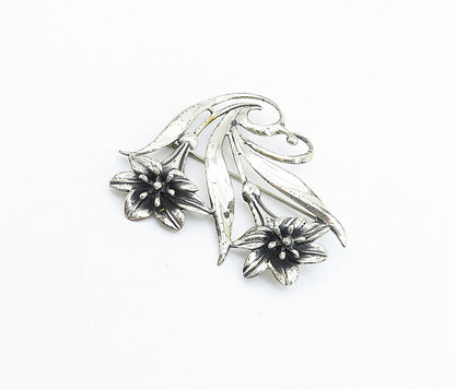 925 Sterling Silver  Vintage Shiny Oxidized Sculpted Flowers Brooch Pin BP2254