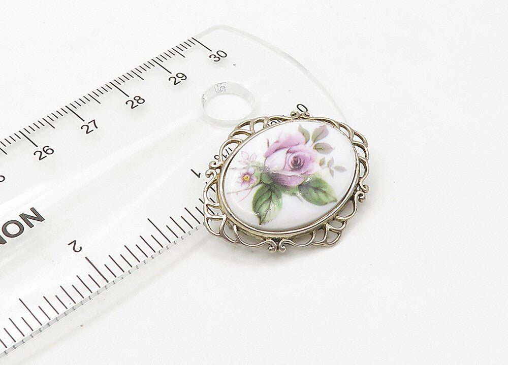 JEZ 925 Sterling Silver  Vintage Enamel Rose Flower Oval Brooch Pin  BP8437