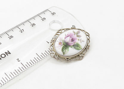 JEZ 925 Sterling Silver  Vintage Enamel Rose Flower Oval Brooch Pin  BP8437