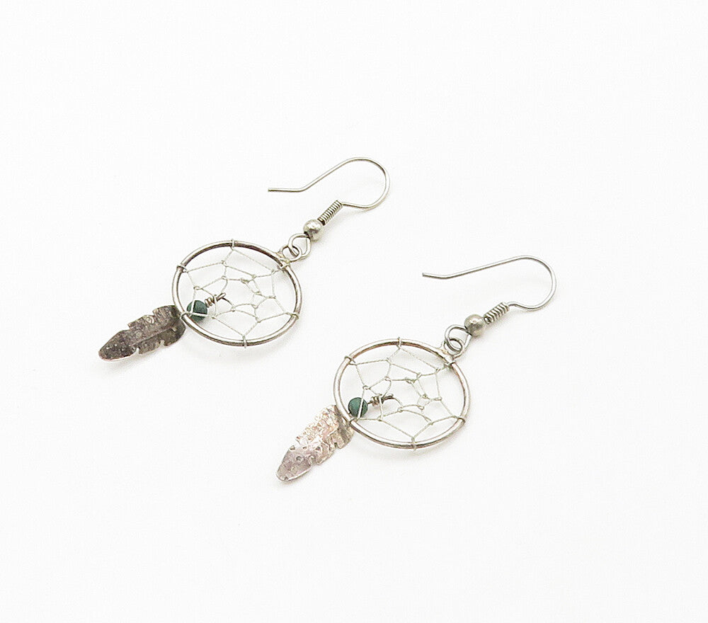 SOUTHWESTERN 925 Silver Vintage Turquoise Dream Catcher Drop Earrings EG7986