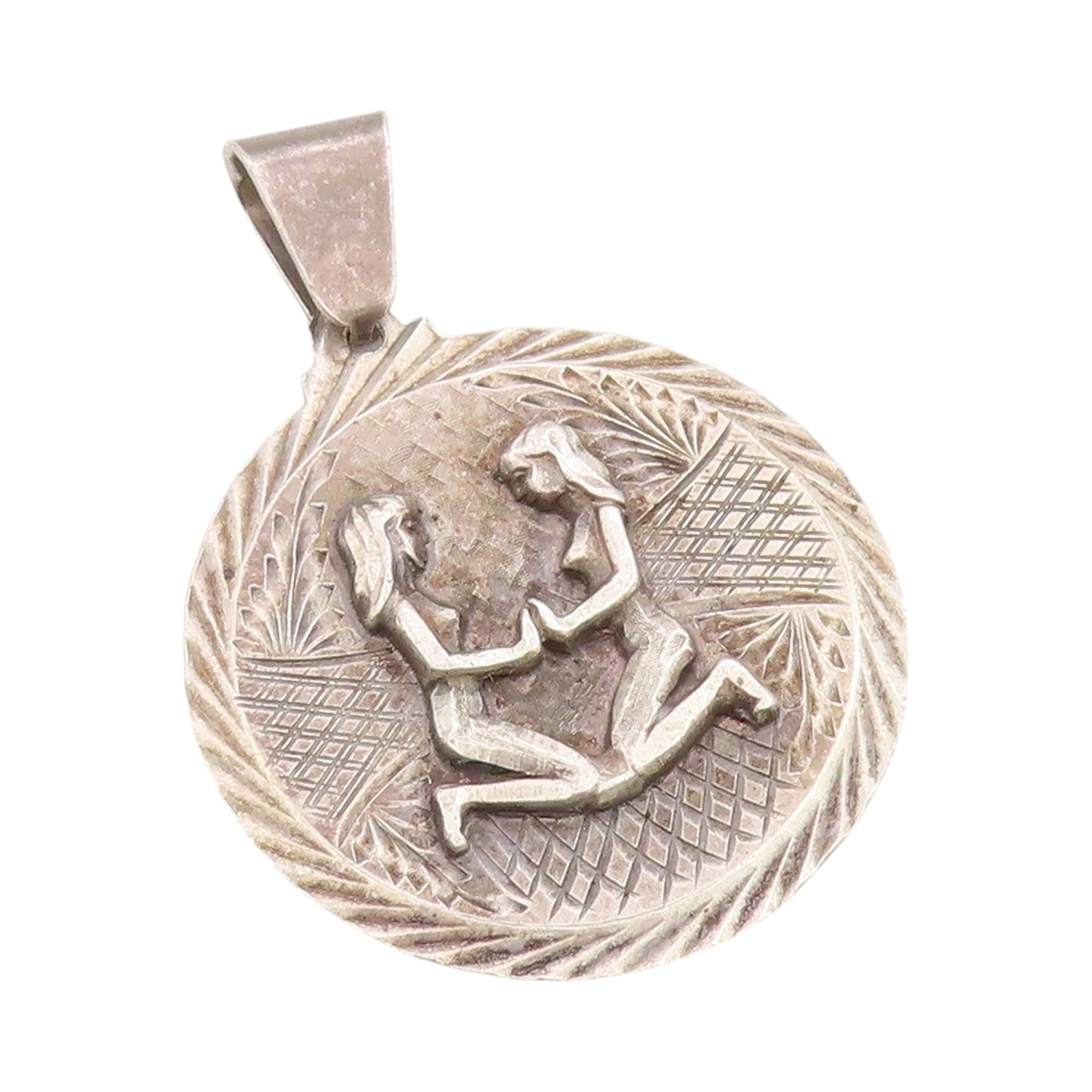 925 Sterling Silver Vintage Pendant Antique Gemini Zodiac Sign Carved   PT24585
