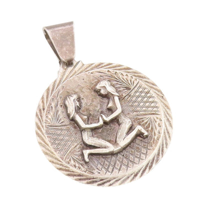 925 Sterling Silver Vintage Pendant Antique Gemini Zodiac Sign Carved   PT24585