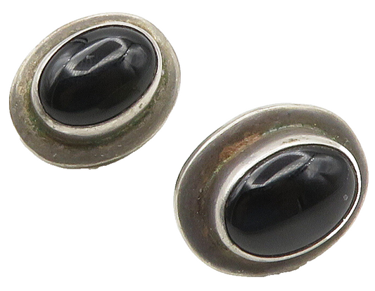 MEXICO 925 Sterling Silver  Vintage Cabochon Black Onyx Drop Earrings  EG7843