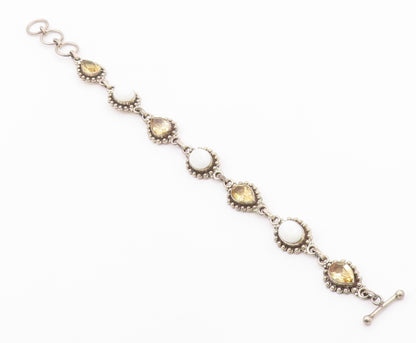 925 Sterling Silver  Vintage Citrine & White Agate Chain Bracelet  BT3606