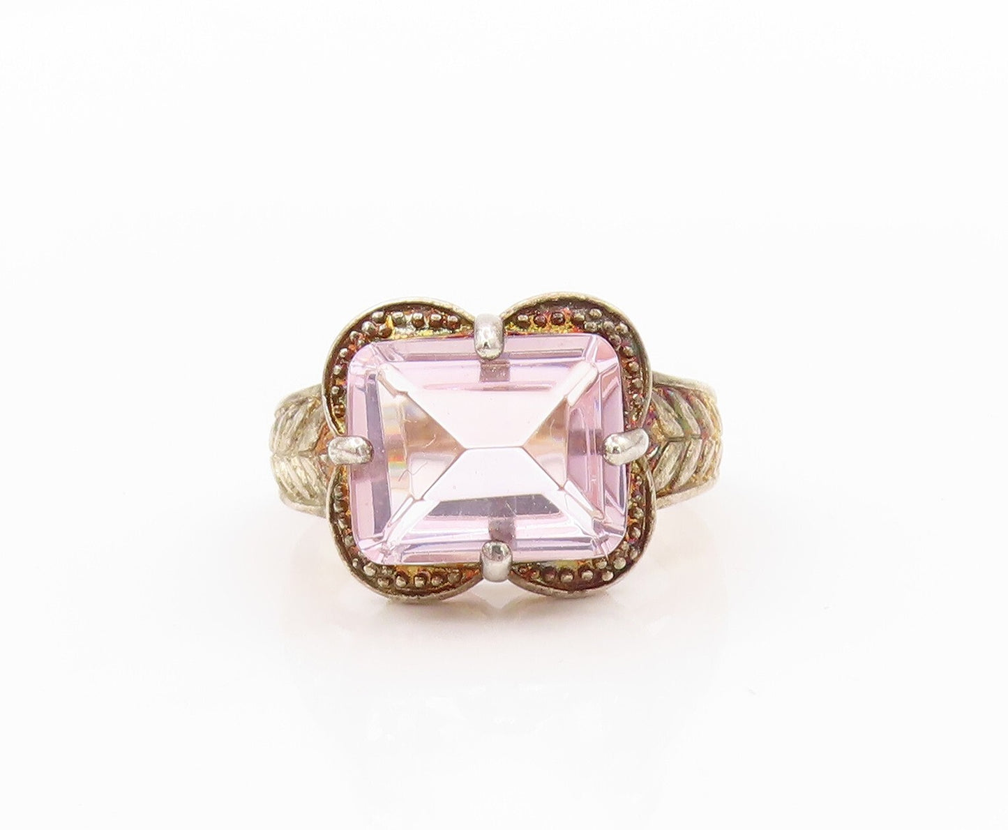925 Sterling Silver Vintage Ring Carved Rectangle Cut Pink CZ  Sz 7  RG31835